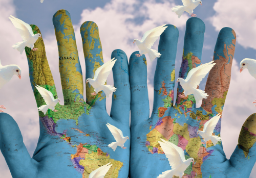 Hands with map overlayed