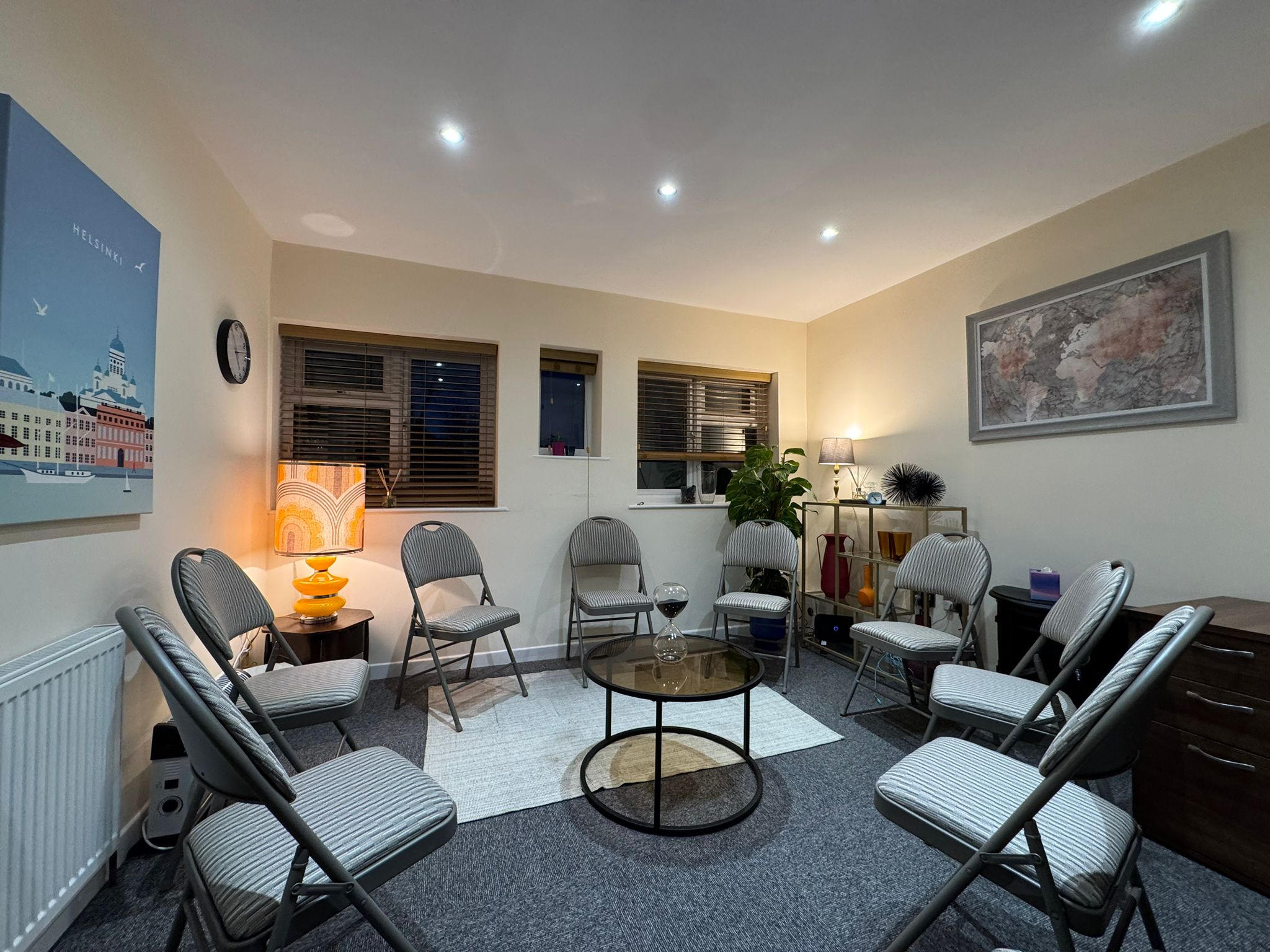 Helsinki themed group therapy room Drighlington UK Counselling Network